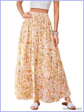 Maxi Long Skirts for Women Boho Floral High Waisted Slit Flow Chiffon Summer
